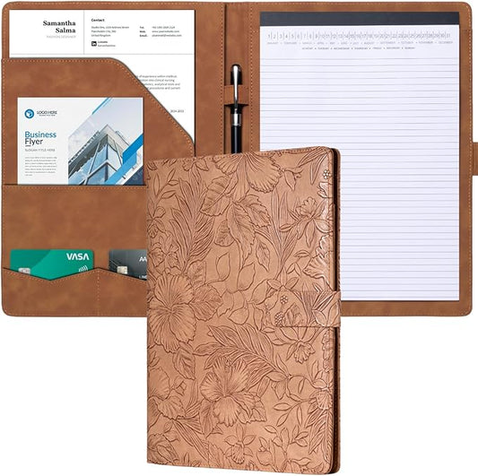 Mymazn Padfolio Portfolio Binder, Faux Leather Interview Resume Folder with Document Organizer & Business Card Holder, Letter-Sized Notepad Legal Pad Holder for Women Men (Brown)