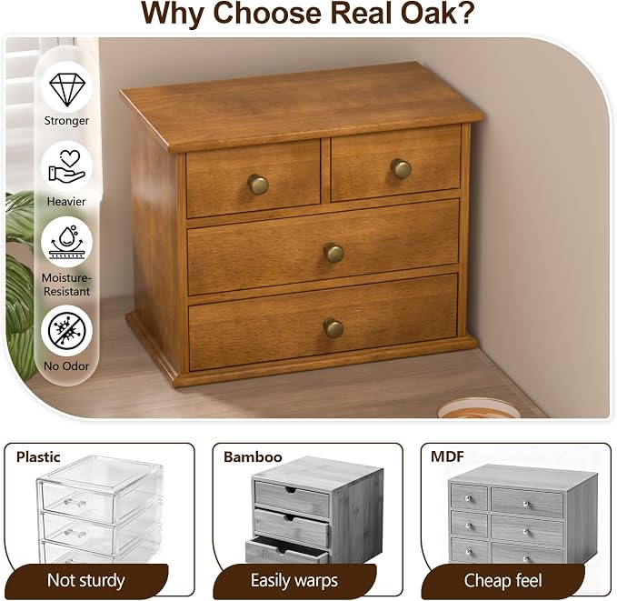 Oak Desk Organizer with Drawers, Durable Wooden Desktop Storage Box | 4 Drawer Tabletop Organizer with Metal Handles & Non-Slip Pads for Office, Bedroom, Bathroom, Vanity & Makeup Storage, Walnut