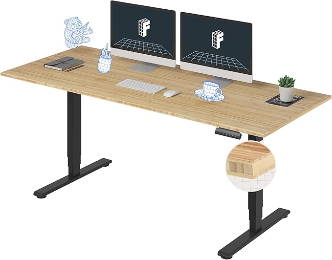FlexiSpot E6 Bamboo 3-Stage Dual Motor 72 x 30 Electric Standing Desk Sit Stand Up Desk, Holds 220 lbs, Adjustable Height w/ Memory Presets, Solid Bamboo Desktop & Black Frame, Ships in 2 Boxes