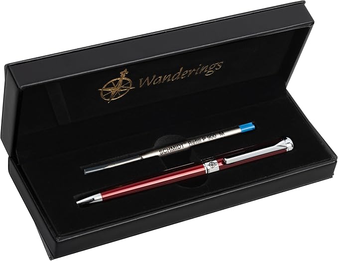 WANDERINGS Premium Ballpoint Pen with German Ink – Perfectly Balanced for a Superb Writing Experience, Chrome Accents – Winefire Red - Includes a Schmidt Refill in a Giftable Presentation Case