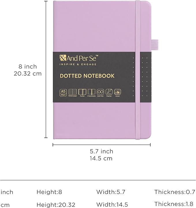 &And Per Se A5 Hardcover Dotted Notebook Kit for Beginners – 176 Numbered Pages, 100gsm Thick Paper, Includes Stencils & Fineliner Pen | Leather Bullet Journal with Templates, Lay Flat Design, Premium Gift for Women Men (Lavender)