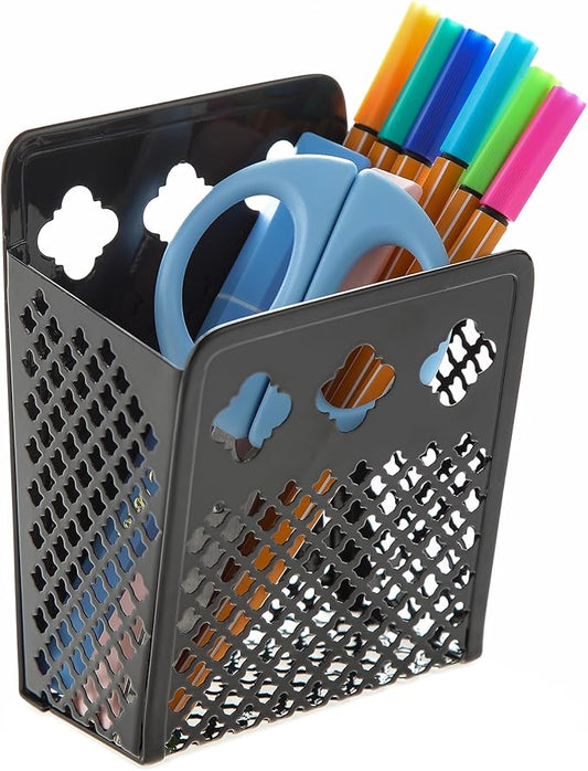 Magnetic Pen Holder, Mesh Metal Strong Magnet Dry Erase Marker Holder Pencil Organizer Small Items Basket for Refrigerator, Whiteboard, Locker Accessories-Black