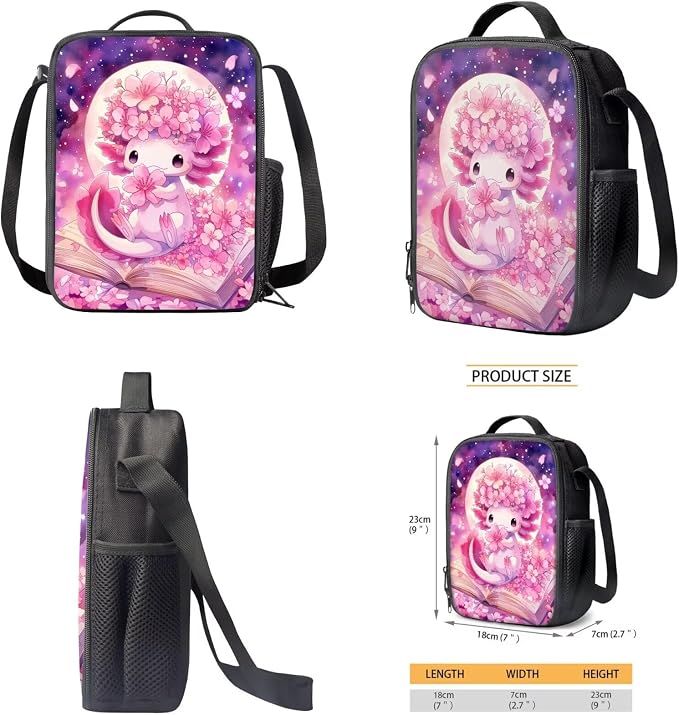 WELLFLYHOM 6-8 Girls Cherry Blossom Axolotl School Bookbag Set Kids | Moon Backpack and Lunchbox Pencil Case Water Bottle Lightweight Daypack Gift for Back to School Season