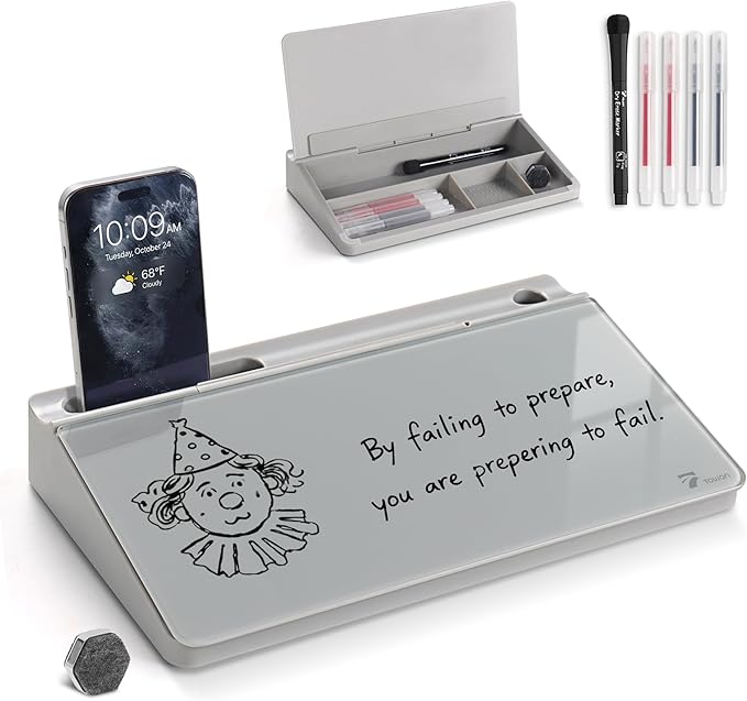 TOWON Small Compact Glass Desktop Whiteboard with Storage – 12 x 7 in Dry Erase Board for Desk, Home Office, School | Includes 5 Markers, Eraser & Holder | Space-Saving Organizer, Stone Gray