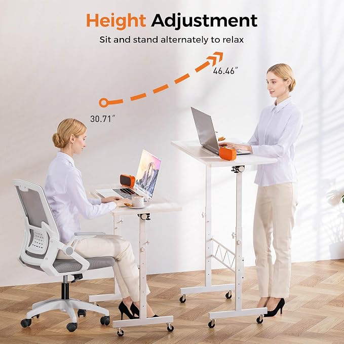 COMHOMA Standing Desk Adjustable Height & Tiltable Tabletop, Portable Stand Up Desk for Laptop, Mobile Folding Desk for Home Office Work and Walking Pad Treadmill, Height 30.7"-46.4", White