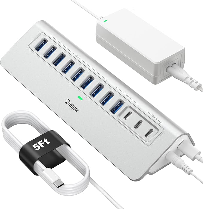 Powered USB Hub 10Gbps, intpw 12-Port USB 3.2 Hub with USB A/USB C 3.2, 7 USB 3.0, 2 PD 45W Charging Port, 65W Power Adapter and 5FT Cable, Aluminum USB Hub for Laptop, iPhone 17/16/15/PC