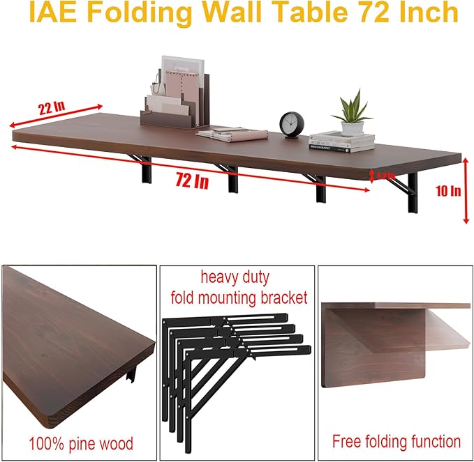 IAE Floating Wall Mounted Folding Table Desk with Pine Wood,72" x 22" Foldable Workbench,Fold Down Wall Mounted Foldable Desk with Shelf Brackets,Laundry Folding Table for Home,Dining,Kitchen,Walnut