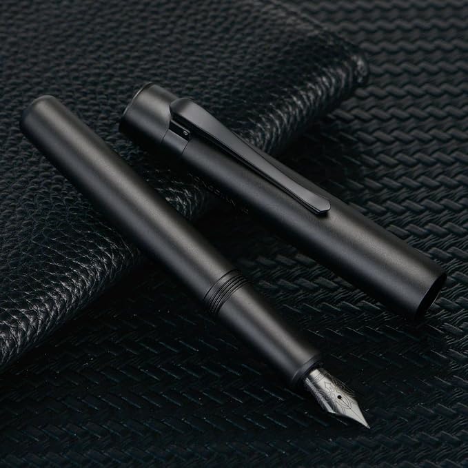 HONG DIAN M2 Mini Fountain Pen with Bent Nib, Sleek Shape Aluminium Short Pocket Travel Pen (Matte Black)