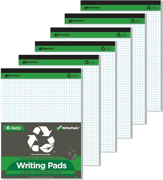 KAISA Graph Paper Legal Pads Writing Pads 6 pad 300 Sheets Recycled Paper 8.5"x11.75" Quad Ruled 4x4 Perforated 50sheets/pad Grid Paper Notepads Writing Tablet White For Office Supplies (White 6pad, 8.5x11.75'')