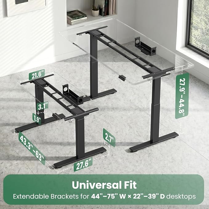 SIAGO Dual Motor Standing Desk Frame for Tops up to 75" - Black Frame Only | 280 lbs Capacity Adjustable Workstation Legs with 3 Memory Presets, Power Strip and Cable Management Tray