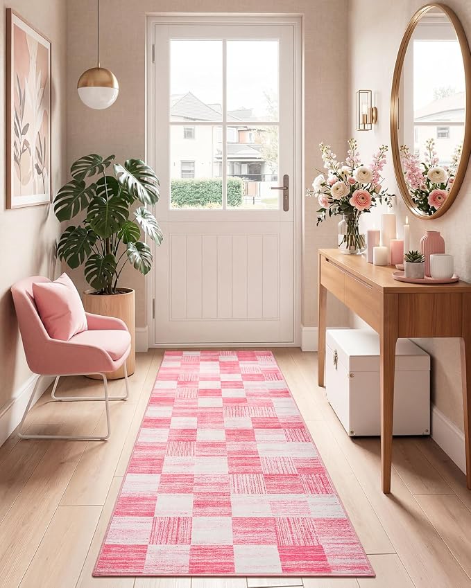 Terrug Pink Runner Rugs for Kitchen, 2x6 Checkered Area Rug Washable with Non Slip for Bedroom, Soft Low Pile Stain Resistance Carpet for Entryway Hallway