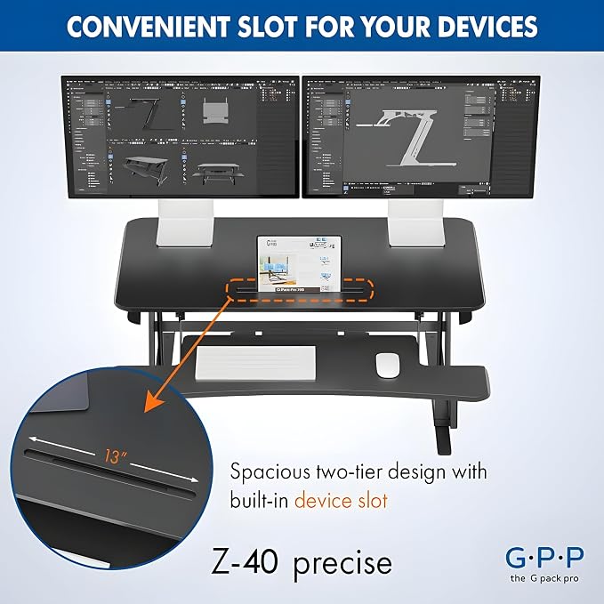 Standing Desk Converter 40 Inch, Height Adjustable to 17.3 Inches | Dual Monitor Work Surface With Keyboard Tray, Steel Frame, and Smooth Manual Lift for Home Office Setups