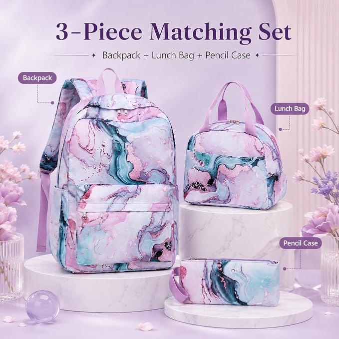 Bluboon Teens Backpack Set Girls School Backpack Lunch Box Pencil Bags Student Bookbags 3 in 1 (Green Marble)