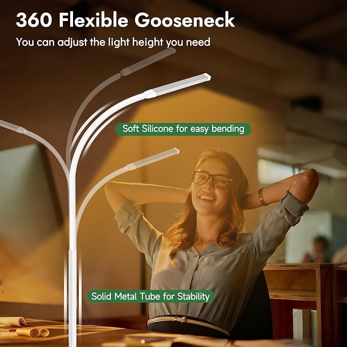 Clamp Lamp for Desk, Eye-Caring LED Clip Light (White) | 27" Tall Flexible Arm, 3 Color Modes 10 Brightness, USB-Powered with 5V/2A Adapter