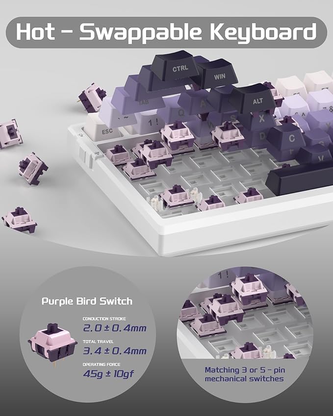 MageGee SKY98 Mechanical Gaming Keyboard, 96% Hot Swappable Wired Custom Creamy Keyboards w/ 5-Layer Sound Dampening, RGB Backlit, Side Printed Keycaps for Win/Mac (White & Purple, Purple Bird Switch)