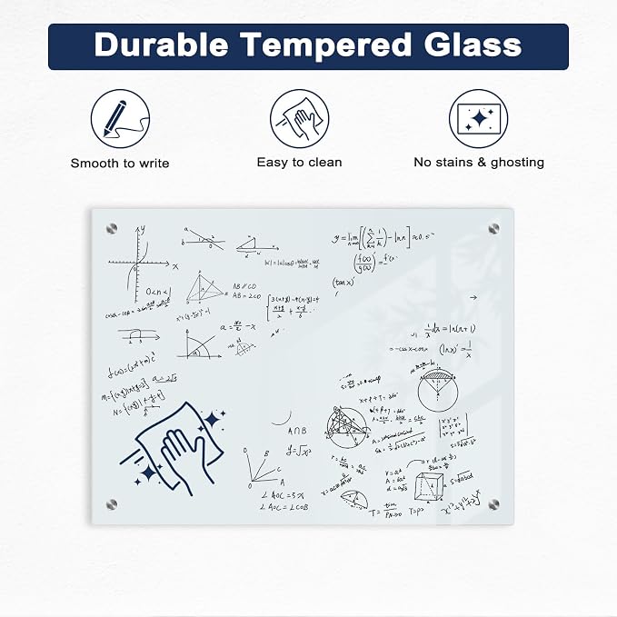 Magnetic Glass Whiteboard, 24" x 18", Frameless Wall Mount, Normal White | Glass Dry Erase Board for Wall, Includes 1 Marker Tray and 6 Magnets, White Board for Office, Home, Classroom