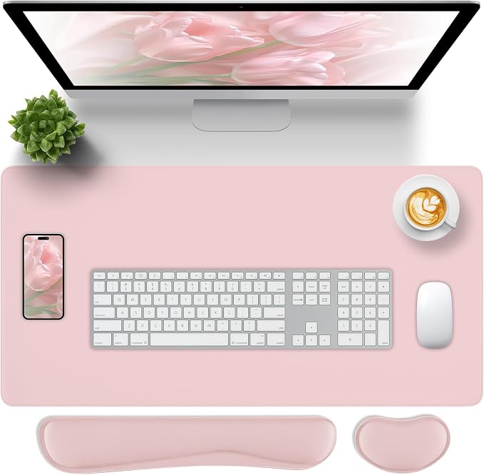 Pink Leather Desk Pad and Keyboard Wrist Rest, 47.2"x23.6" | 3in1 Mouse pad + Keyboard Wrist Rest + Mouse Wrist Rest, Non-Slip Waterproof Desk Writing Pad for Office and Home