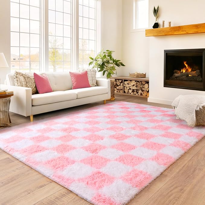 Checkered Rug for Bedroom 5x7, Ultra Fluffy Fuzzy Shag Area Rugs for Living Room, Anti-Skid Indoor High Pile Soft Rug Carpet for Living Room Bedroom Kids Room Nursery, Dorm Home Decor, Pink and White