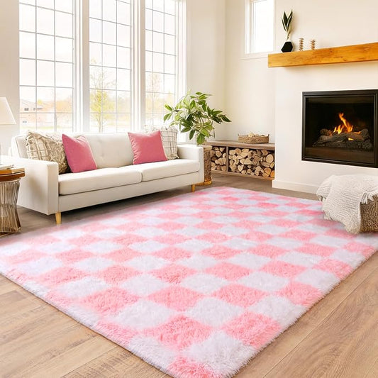 Checkered Rug for Bedroom 5x7, Ultra Fluffy Fuzzy Shag Area Rugs for Living Room, Anti-Skid Indoor High Pile Soft Rug Carpet for Living Room Bedroom Kids Room Nursery, Dorm Home Decor, Pink and White