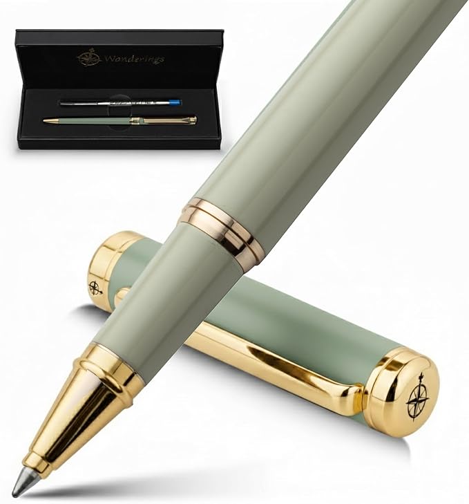 Premium Rollerball Pen with German Ink – Perfectly Balanced for a Superb Writing Experience, 24K Gold Plated Green – Soft Sage Green - Includes a Schmidt Refill in a Giftable Presentation Case