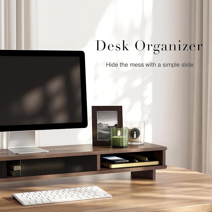 Dual Monitor Stand Riser with Storage Drawer for Desk Organization | Fits Dual 32" Monitors, Walnut Finish, Hidden Storage, Ergonomic Height, Holds 110lbs, No Flex, Quick Setup