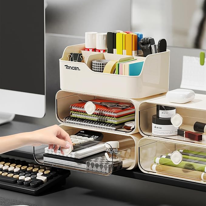 Desk Organizer with Drawers & Divided Compartments, Stackable Desktop Storage Caddy for Makeup and Office Stationery (Cream)