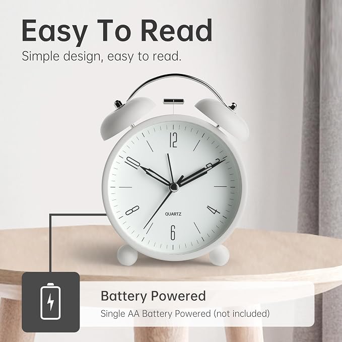 Twin Bell Loud Alarm Analog Alarm Clock, 4 inch Super Silent Non Ticking Small Clock with Night Light, Battery Operated, Simple Design, Old Fashioned, for Heavy Sleeper, Bedroom, Bedside, Desk, White