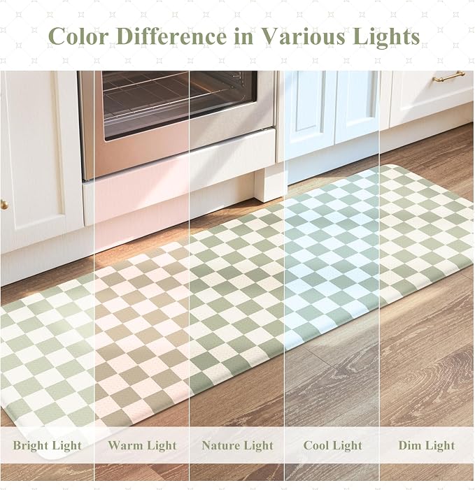 KIMODE Anti Fatigue Kitchen Mats for Floor,Farmhouse Kitchen Rugs Sets of 2 | Cushioned Kitchen Floor Mats, Light Green Standing Desk Mat, Checkered Laundry Room Rugs for Bath Sink Home Summer Decor RV
