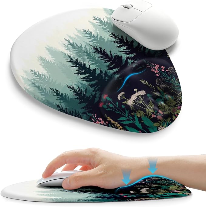 Palm-Rest and Wrist-Hugging Mouse Pad Wrist Rest, Ergonomic Wrist Support with Curve Fitting Cushioned Memory Foam for Carpal Tunnel Pain Relief, 9.9 x 8.3 Inch, Misty Forest