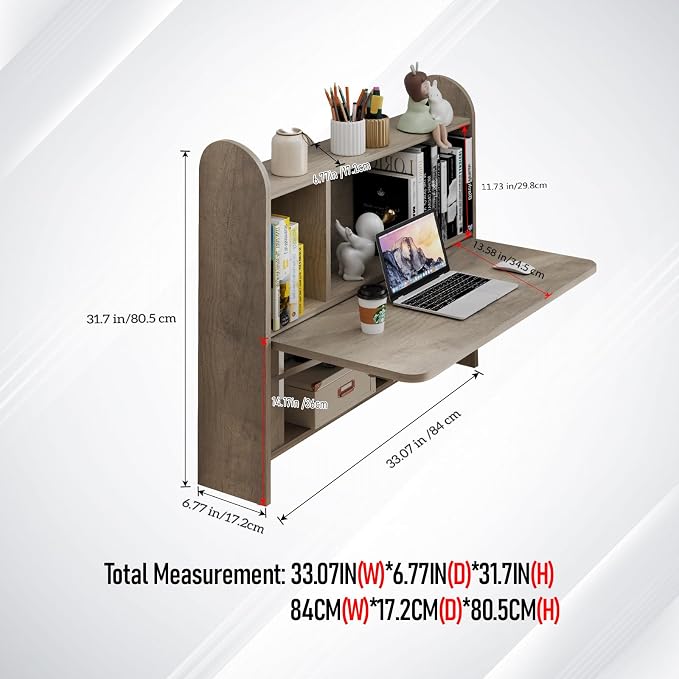 Wall Mounted Drop-Leaf Table, Floating Laptop Desk, Folding Table with Shelves, Multifunctional Computer Workstation with Storage Compartments in Home Office for Space Saving (Rustic Oak)