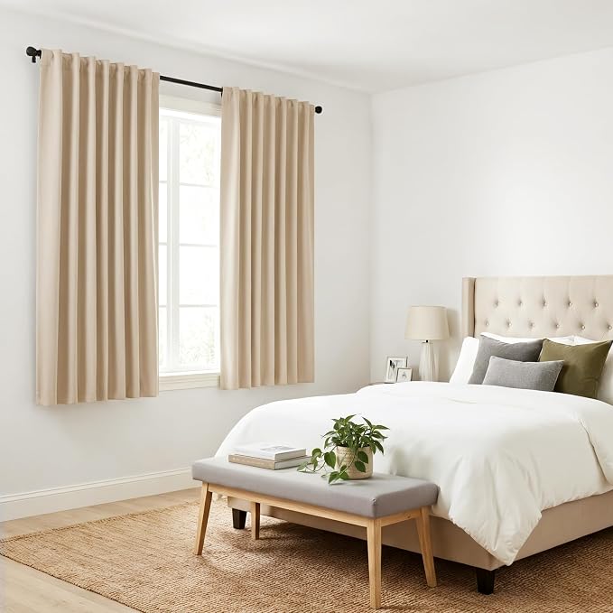 PONY DANCE 75% Light Blocking Curtains 48 inch Long for Short Small Window, Rod Pocket/Back Tab Thermal Insulated Room Darkening Curtains for Kitchen/Cabinet(2 Panels, W42 x L48 inch, Biscotti Beige)
