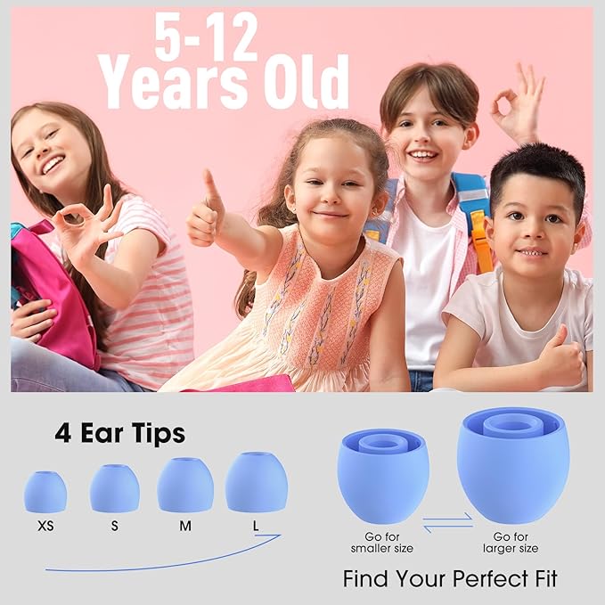 2 Pairs Kids Ear Plugs for 5-12 Yr, 27 dB Noise Reduction Extra Small Earplugs, Ear Plugs for Kids for Noise Sensitivity, Socializing, Sleep, Focus, 4 Sizes Ear Tips in XS-L (2X Purple+Cord)