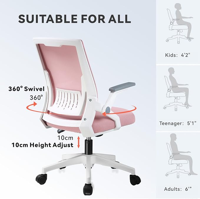 COMHOMA Office Chair with Flip-up Armrests Ergonomic Computer Desk Chair with Adaptive Lumbar Support & Breathable Mesh, Pink