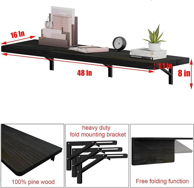 IAE Wall Mounted Folding Table with Pine Wood,48" x 16" Floating Wall Desk,Laundry Folding Table with Shelf Brackets,Fold Down Desk Shelf,Fold Workbench for Apartments,Home,Laundry Room,Kitchen,Black