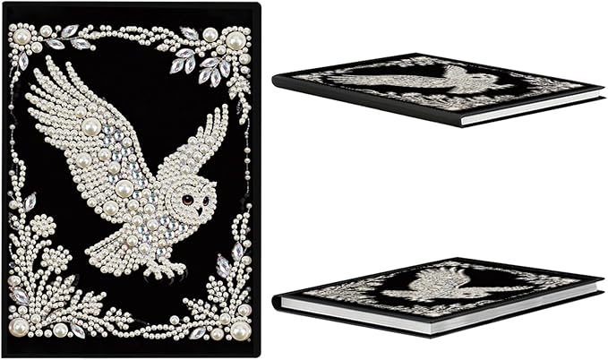 FRANDEK Pearl Painting Notebook Kit, Black and White Owl A5 DIY Journal with 50 Blank Pages, Diamond Gem Art Cover with Waterproof Canvas, Beginner Craft Set with Full Tools for Adults