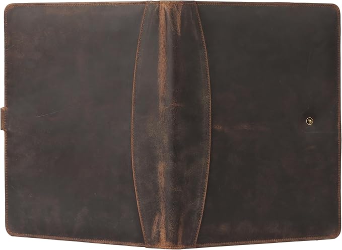KomalC Leather Portfolio Folder with Luxury Pen and Button Closure | Business Padfolio for Professionals | Vintage Organizer with Legal Pad Holder & Card Slots (Distressed Tan)