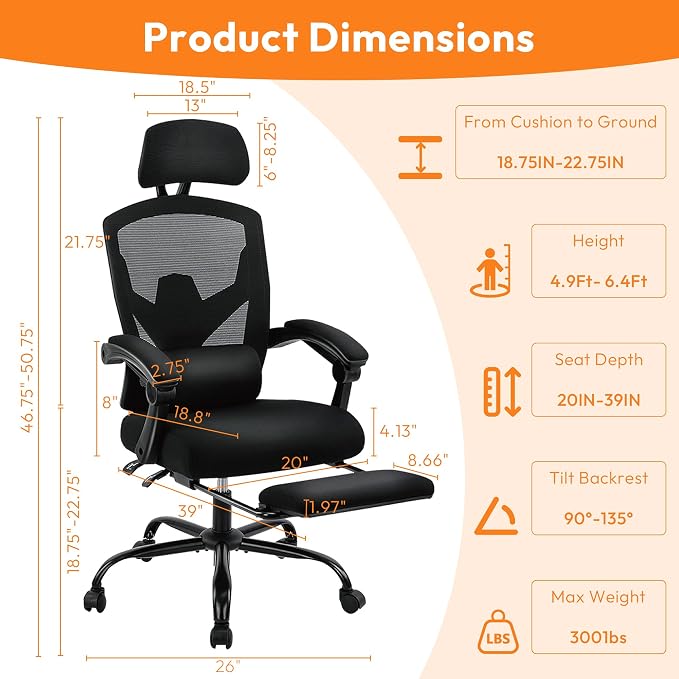 Desk Chair with Foot Rest, High-Back Mesh Office Chair with Wheels, Black | Reclining Gaming Chair with Headrest and Adjustable Lumbar Support, 90°-130° Reclining, for Home Office and Gaming