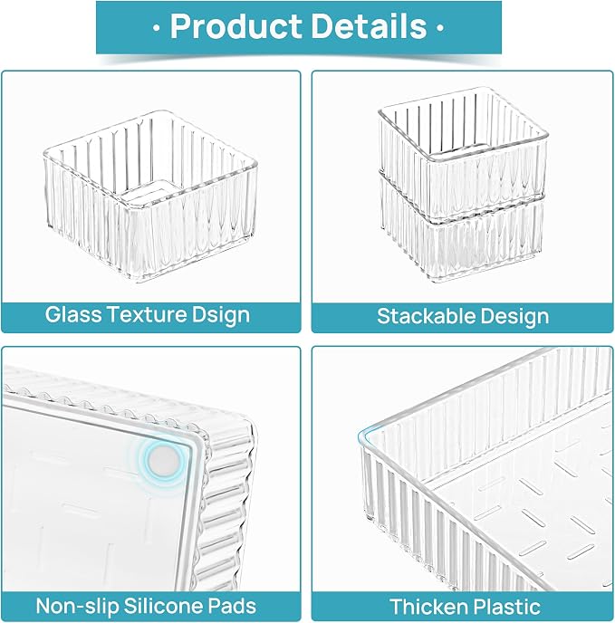 Vtopmart 7 PCS Clear Makeup Drawer Organizers Bins, 4-Size Stackable Makeup and Vanity Organizer Trays, Acrylic Bathroom Storage Containers for Cosmetic, Toiletries, Office Supply, Utensils, Gadgets | Vanity Organizer Trays for Makeup, Cosmetics, Jewel...