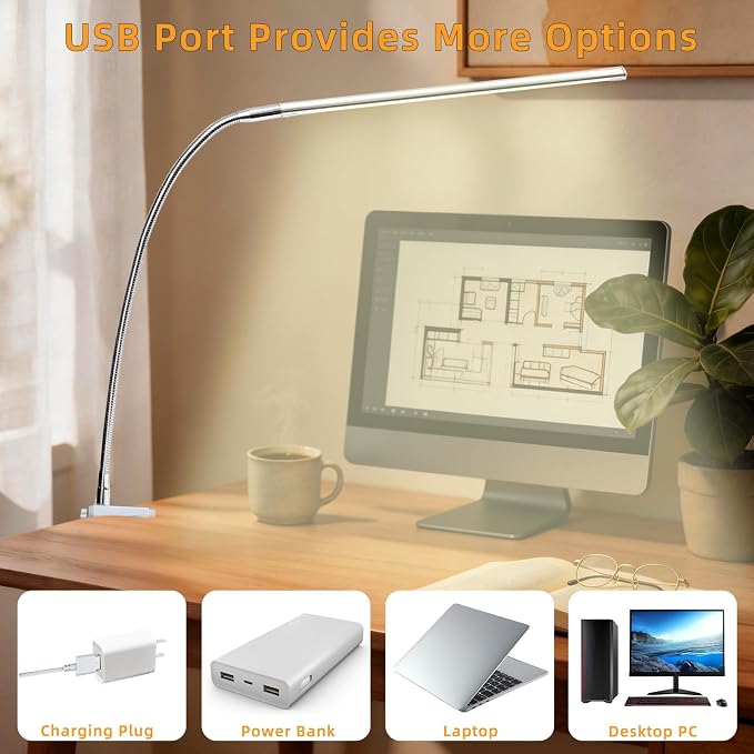 Space Aluminum LED Desk Lamp with Clamp, Clip on Light for Reading Study Desk Light 3 Modes 10 Brightness Flexible Gooseneck with USB Adapter Table Lamp for Home Office Computer Nail Work
