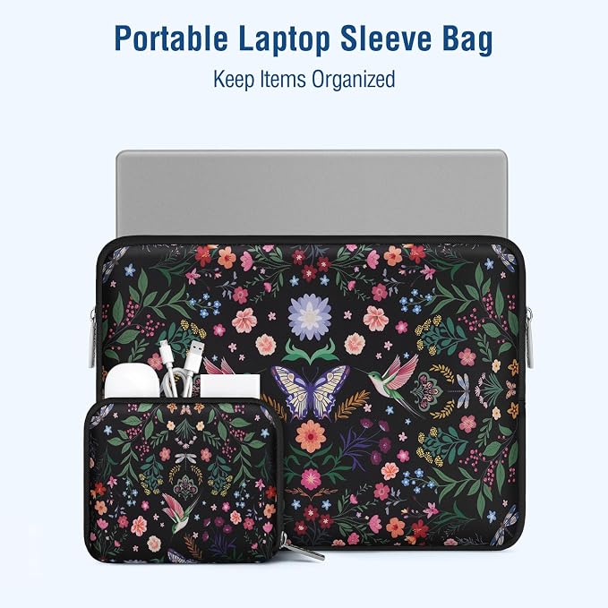 MOSISO Laptop Case 13.3 inch, 13-14 inch Laptop Sleeve Bag Compatible with MacBook Air/Pro 13/Pro 14, HP Dell ASUS Lenovo, Neoprene Hummingbird Plants Flowers Computer Bag with Small Case, Black