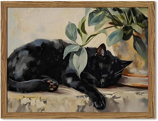 Framed Black Cat Canvas Wall Art, Vintage Sleeping Cat with Plant Picture Wall Decor Paintings, Cute Animal Poster Prints Rustic Aesthetic Home Decor for Living room Bedroom Bathroom 12x16 inch