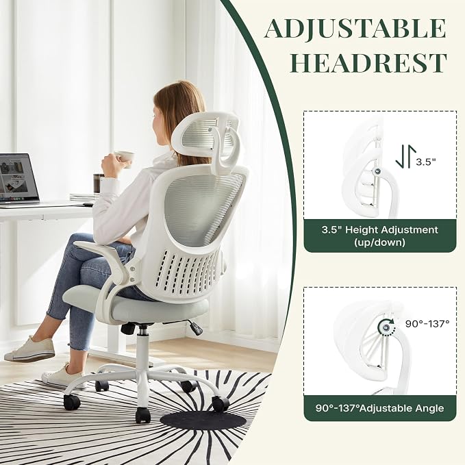 Ergonomic Light Weight Office Chair, Comfy Desk Chair with Wheels, Work Chair with Adjustable Headrests, Flip-Up Armrests, Breathable Mesh Back, Small Computer Chair for Home Computer, Grey