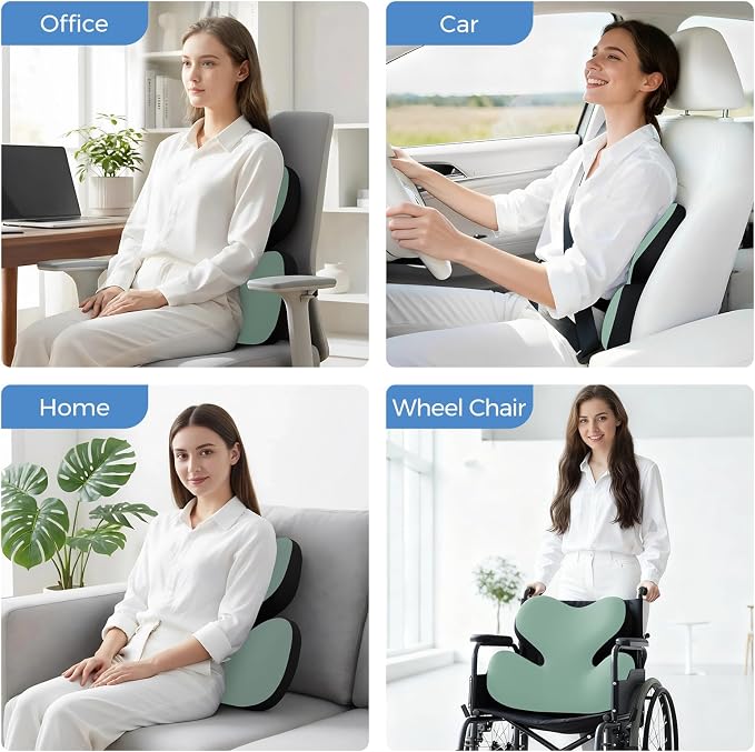 BEBAS Lumbar Support Pillow for Car, Ergonomic Memory Foam Back Cushion for Driving, Lower Back Support for Pain Relief, Lumbar Cushion for Car Seats, Office Chairs, Wheelchairs - Green