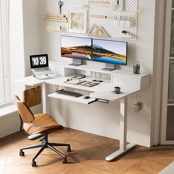OffiGo U Shaped Electric Standing Desk with Drawers, 55 Inch Height Adjustable Desk with Keyboard Tray ＆ Ergonomic Monitor Stand, Sit Stand Table with Power Outlets for Home, Office, White