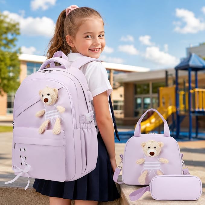 ACESAK School Backpack for Girls - 3 PCS Cute Girls Backpack with Lunch Box & Pencil Case - Kawaii Casual Kids Bookbag School Bag Daypacks Set for Elementary Middle High School Student Teens (Purple)