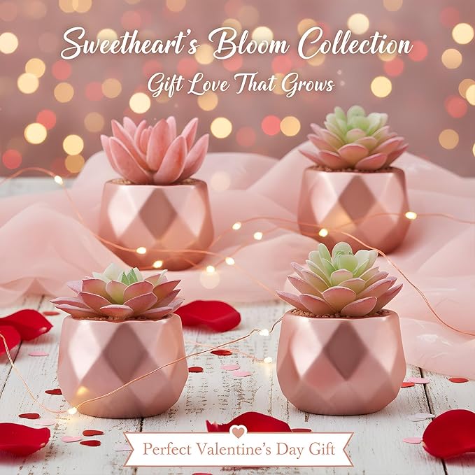 Tiita 4 Pack Artificial Faux Succulents in Pots, Mini Rose Gold Fake Plants for Women Desk, Small Realistic Faux Succulents for Home Office Accessories Window Sill Bathroom Bedroom, Rose Gold