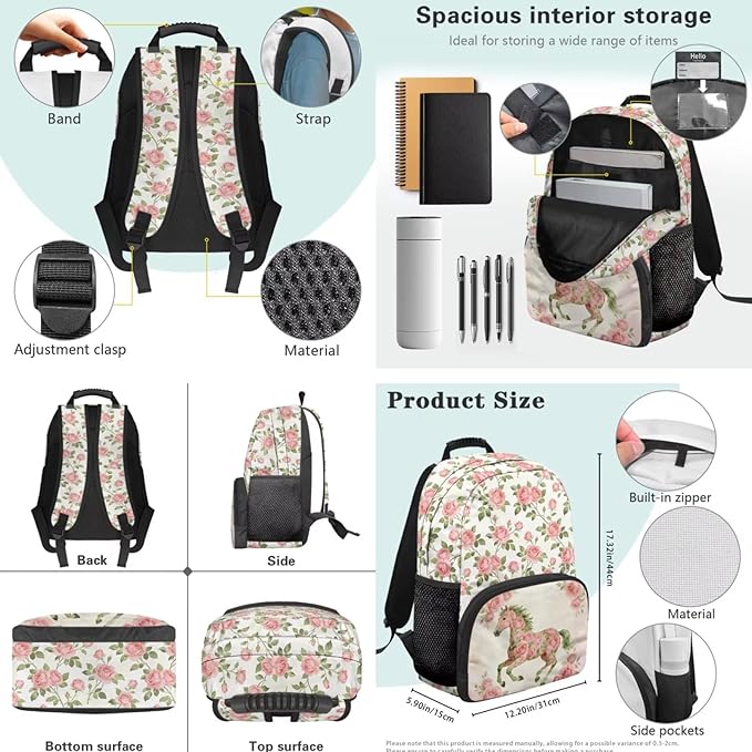 Horse Rose Bookbag Kids 3 in 1 School Backpack with Lunch Bag Pencil Bag Set for Girls Lightweight Elementary Middle School Bags