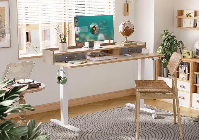 Claiks Standing Desk with Drawers & Wheels, 2 Height Shelf 59" Ntural | 2 height adjust shelf, tabletop drawers, felt fence design, sturdy supports 176 lbs, 4 wheels, 2 tire monitor stand