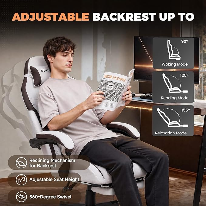 GTPLAYER Gaming Chair with Footrest, Ergonomic Office Chair 400lbs Heavy Duty, Big and Tall Computer Desk Chair with Lumbar Support and Headrest, Breathable Tech Fabric, 90-155° Recline Brown
