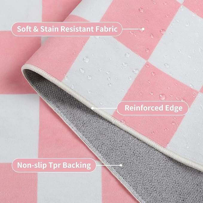 Terrug Pink and White Checkered Rug for Bedroom,3x5 Area Rugs Washable with Non Slip for Living Room,Soft Low Pile Stain Resistance Retro Carpet for Dorm Kids Room